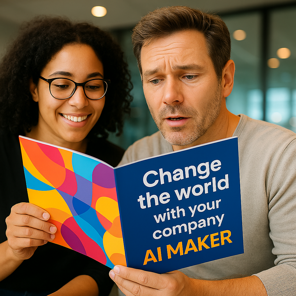 Two people reading a booklet that says 'Change the world with your company and AI MAKER'